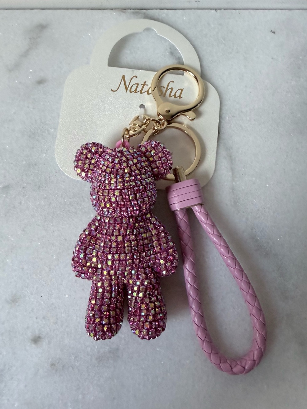 Natasha Couture Pink Crystal Teddy Keyring with Braided Loop handbag charm - Picture 2 of 7